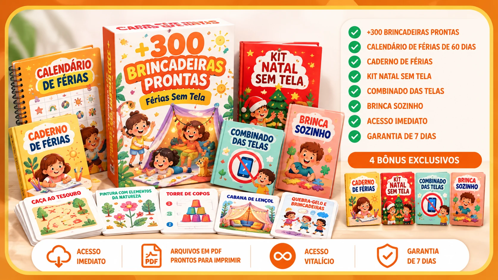 Kit +300 Brincadeiras Prontas Plano Premium com calendário de férias e bônus